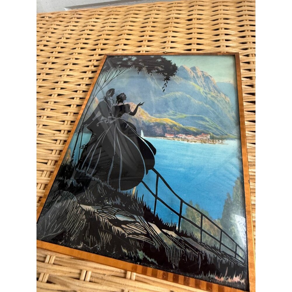 Vintage 40's Reverse Painted Silhouette Victorian Couple Mountain scene Picture - Picture 7 of 9